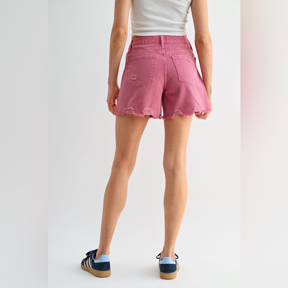 Wide Leg Distressed Boyfriend Midi Shorts - Mica - Picture 4 of 4